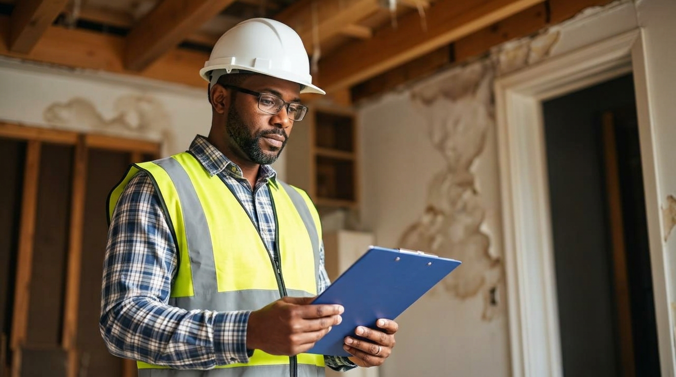 Restoration contractor with clipboard inspecting interior damage of a home