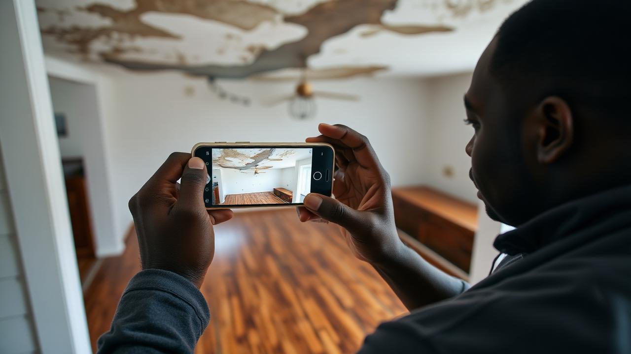 Homeowner using a smartphone to photograph a water stained ceiling and warped hardwood floor