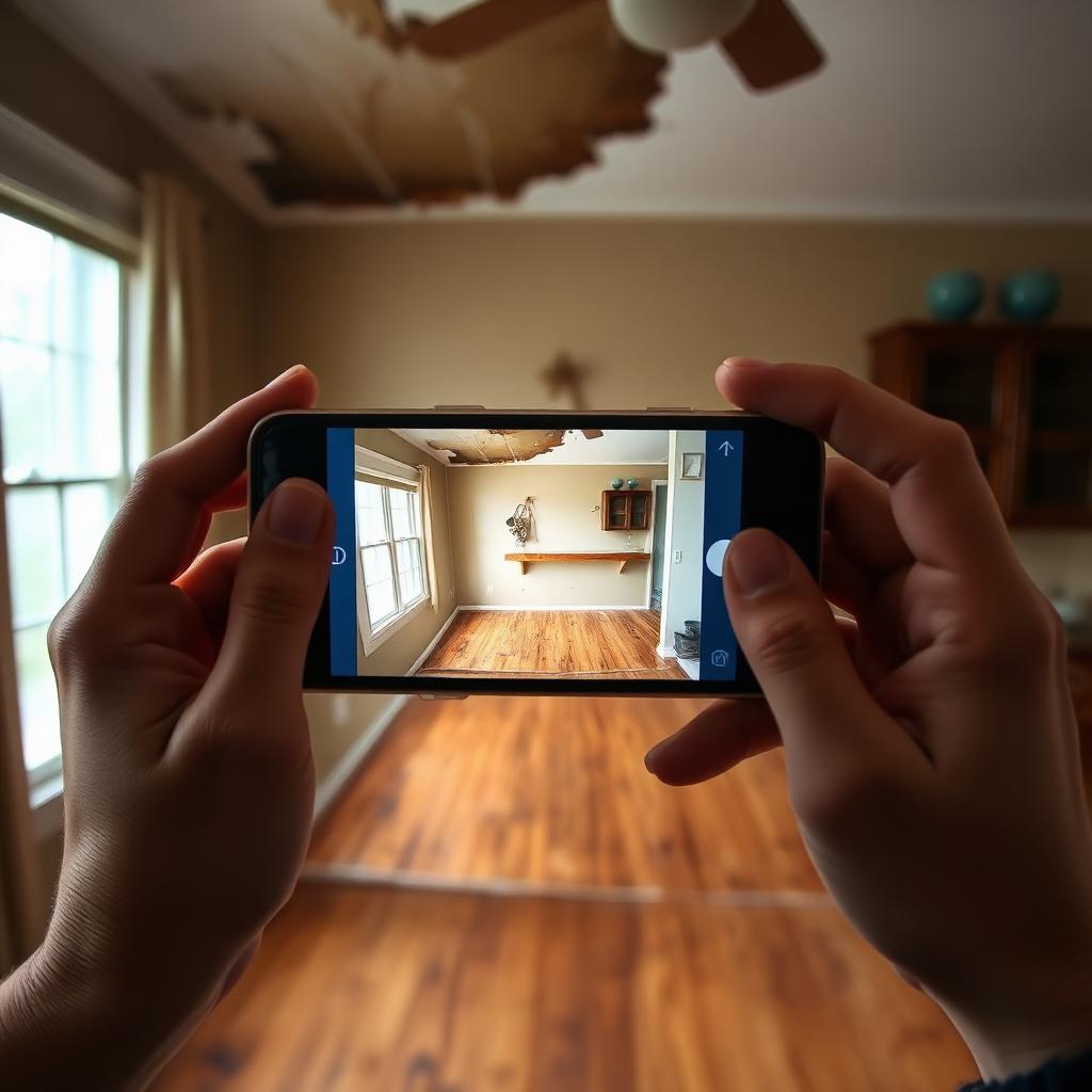 Homeowner using a smartphone to photograph a water stained ceiling and warped hardwood floor