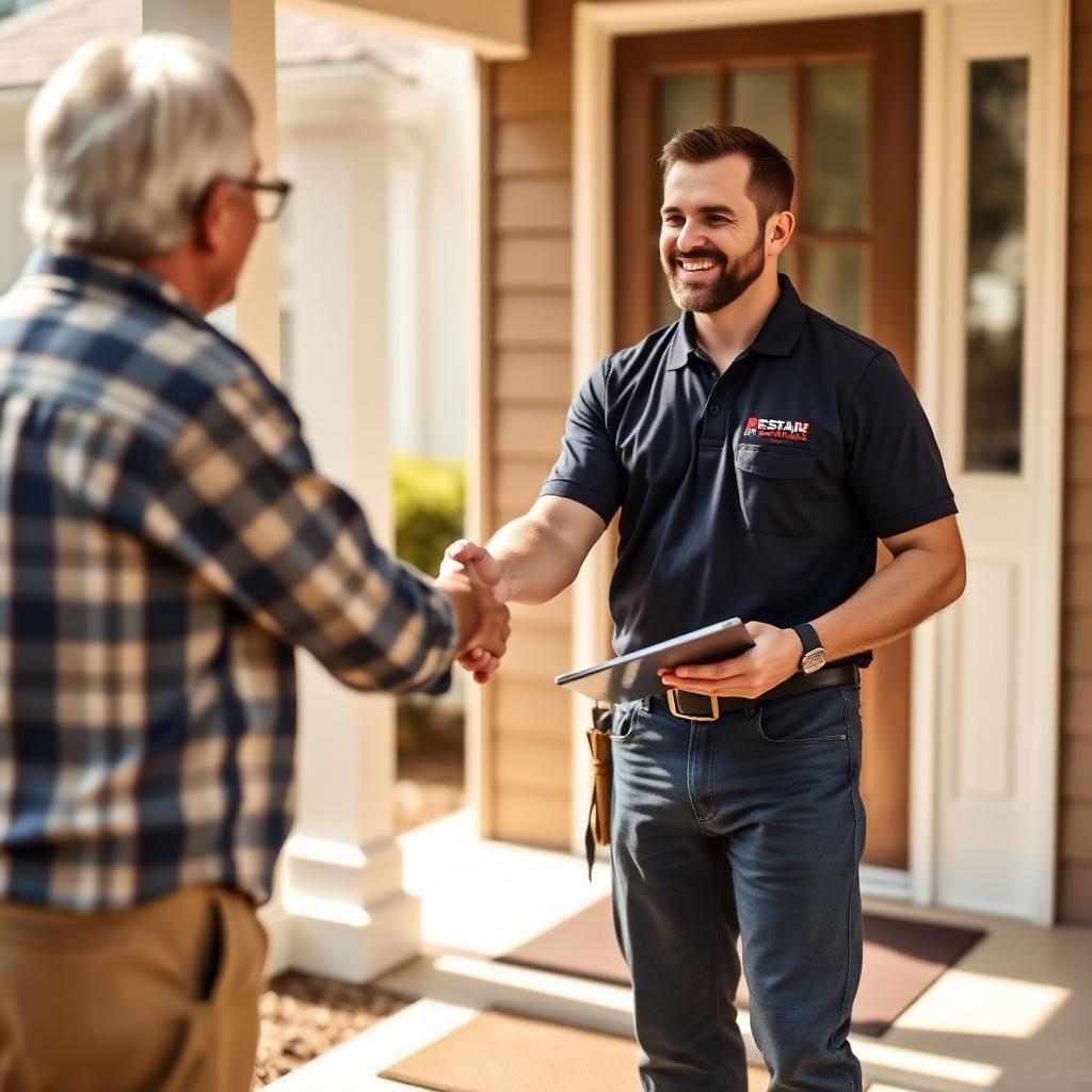 Restoration contractor in a branded polo shaking hands with a homeowner at a suburban front door