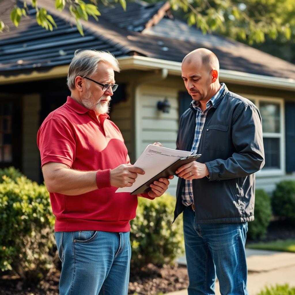 Homeowner reviewing insurance paperwork with an adjuster outside a fire damaged suburban home