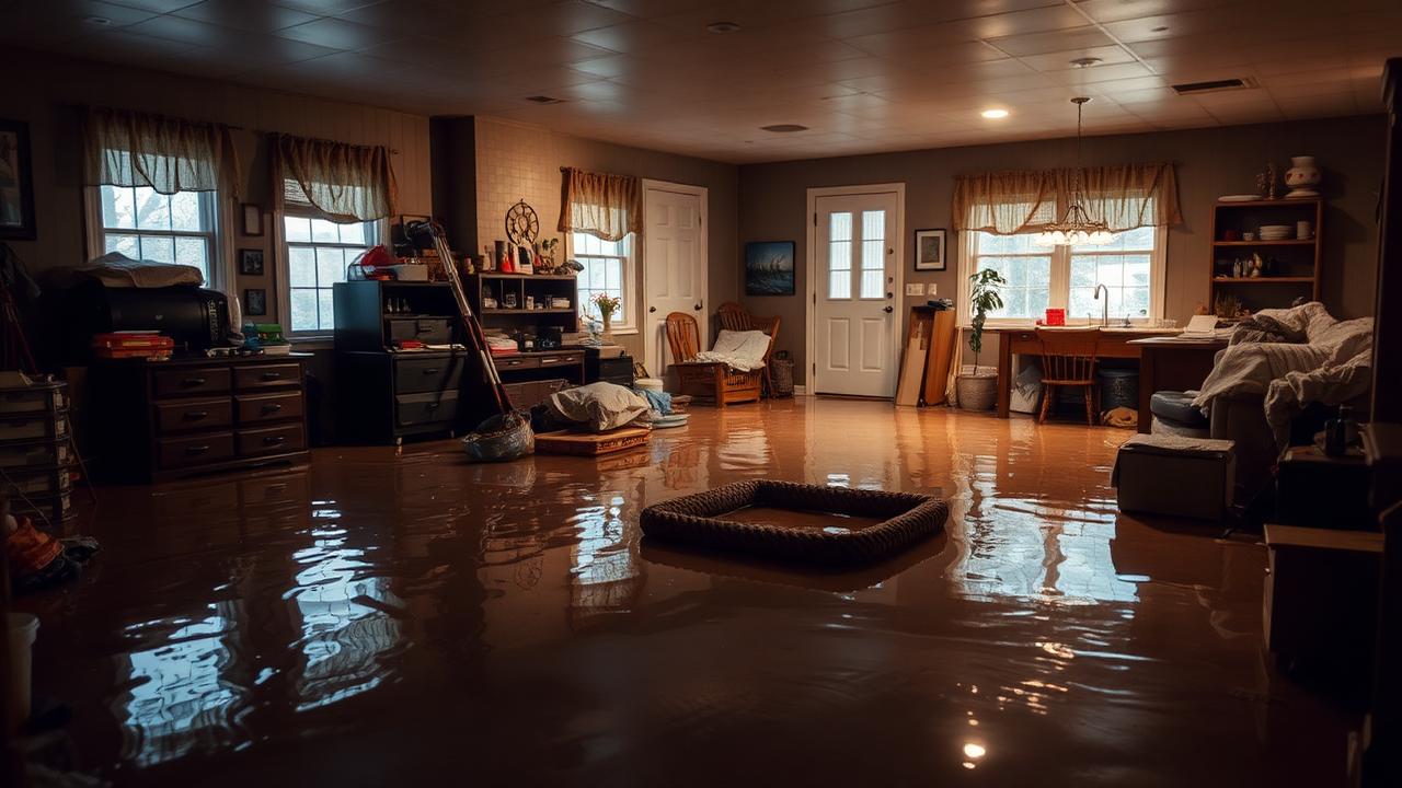 Flooded basement of a suburban home with standing water and damaged belongings
