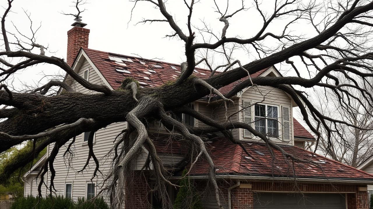 Fallen oak tree across the damaged roof of a suburban home after a storm